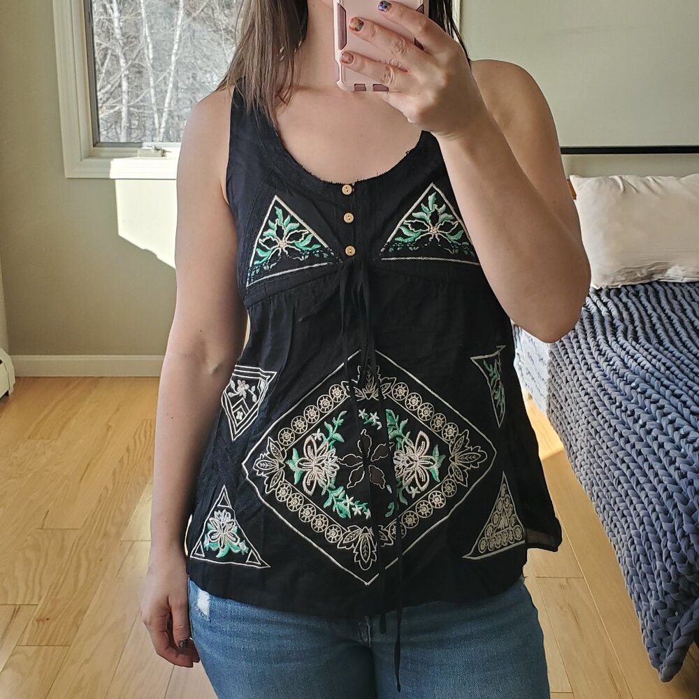 Lost April black embroidered tank top funky floral hippie style